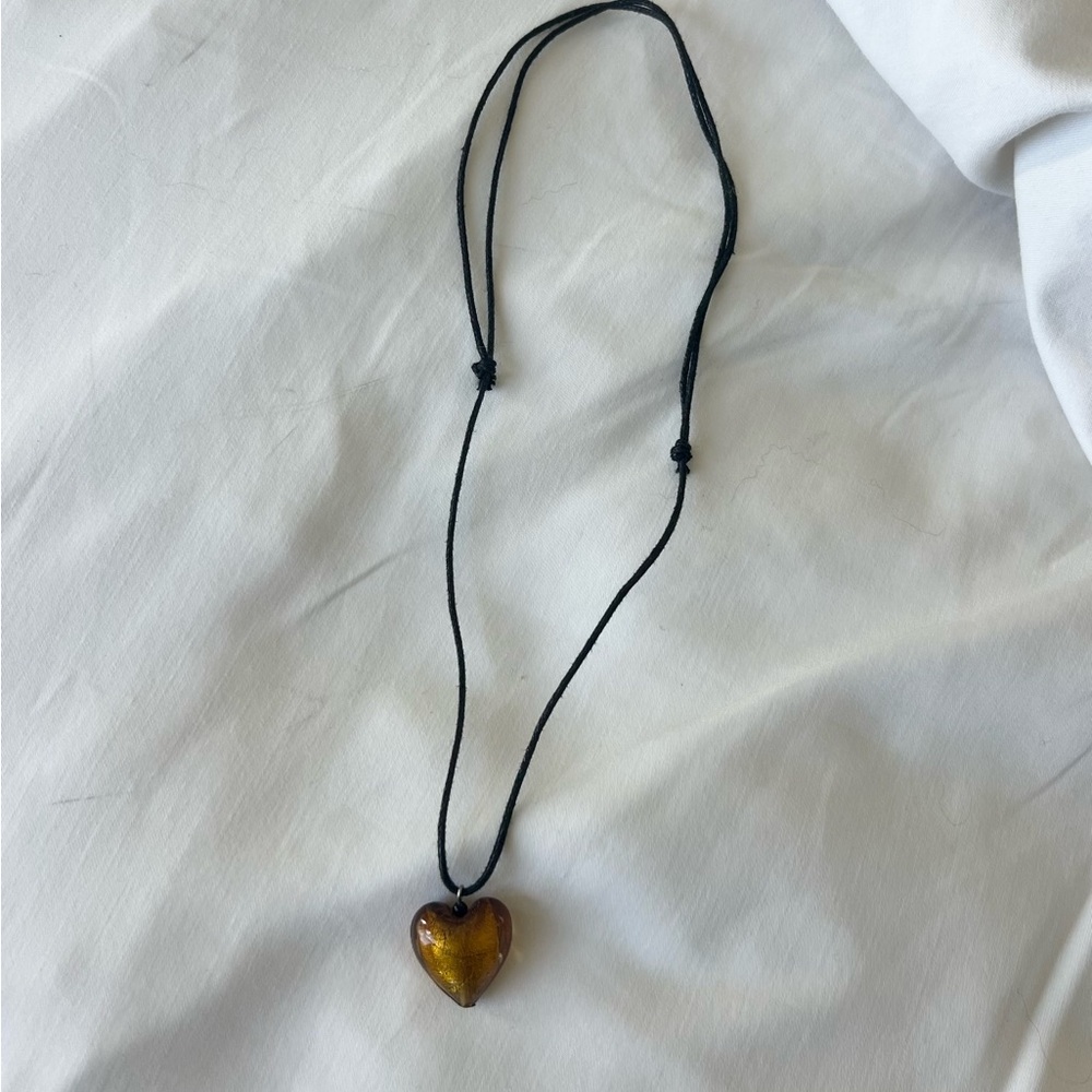 Handmade Glass Amber Heart Pendant Necklace on Cord
